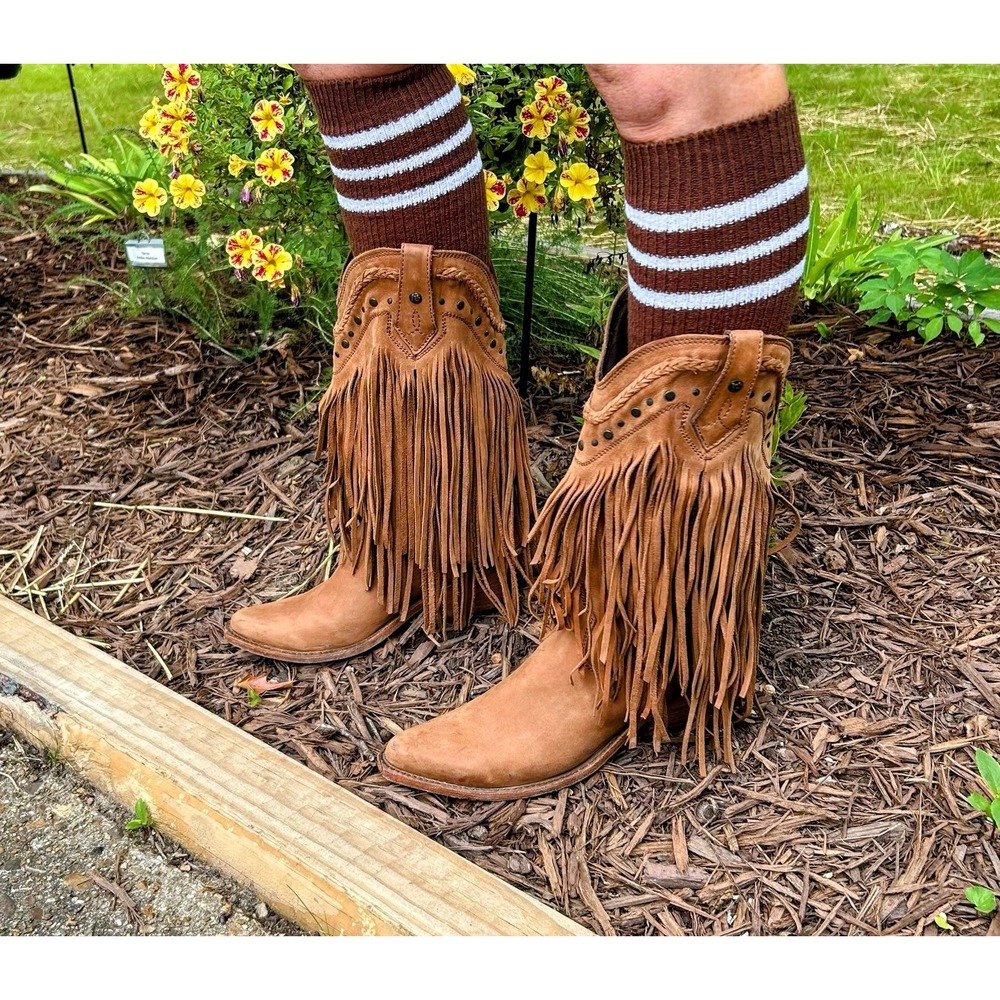 Liberty Black Tan Leather Fringe Western Boots LB-71124 Studded Pointed Toe 8 - Picture 2 of 8